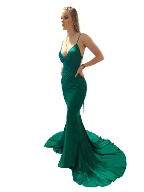 Rachel emerald green satin mermaid dress with cris-cross back