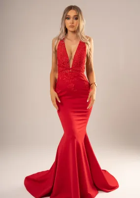 Red vine stretch knit Deep-V mermaid dress