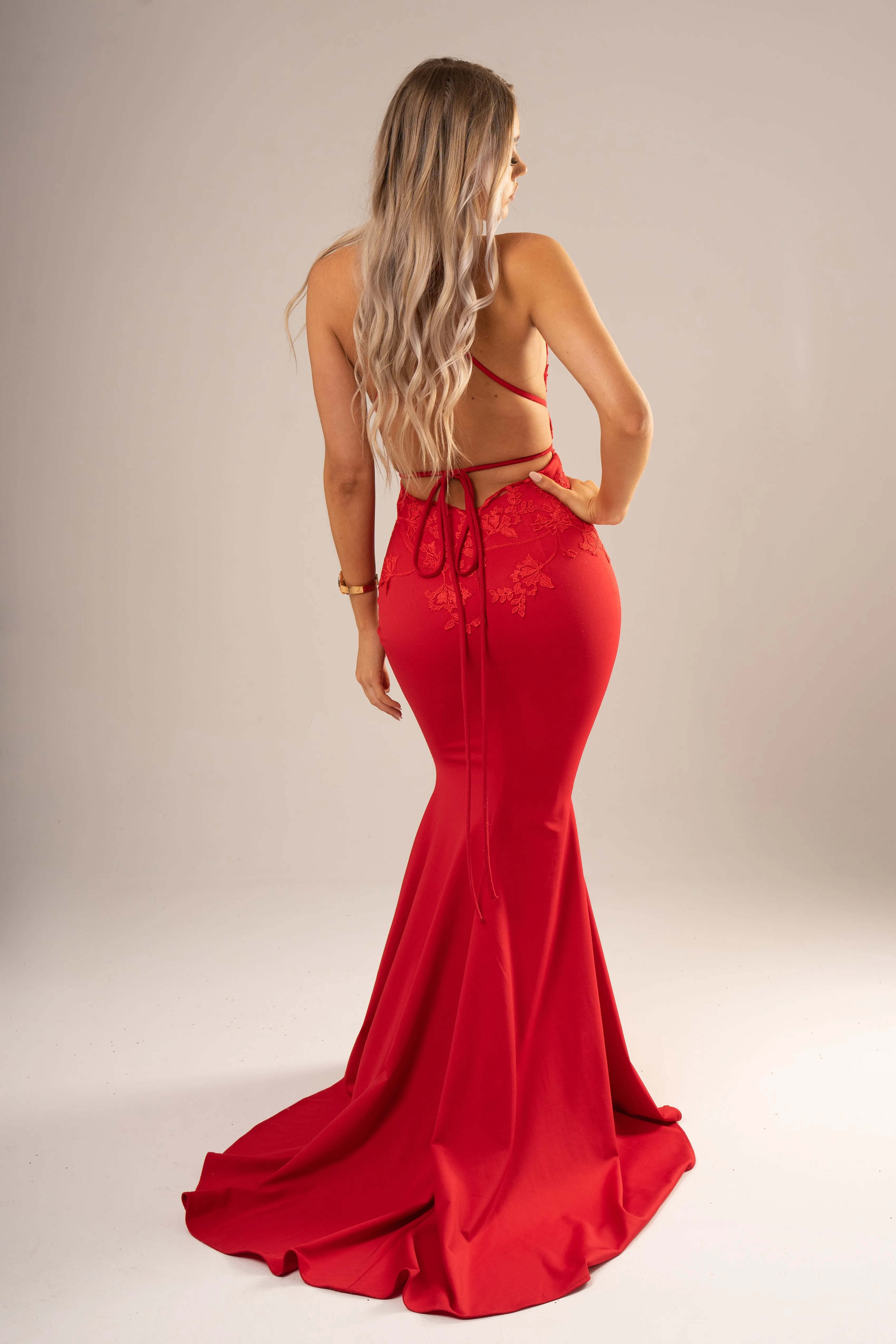 Red vine stretch knit Deep-V mermaid dress