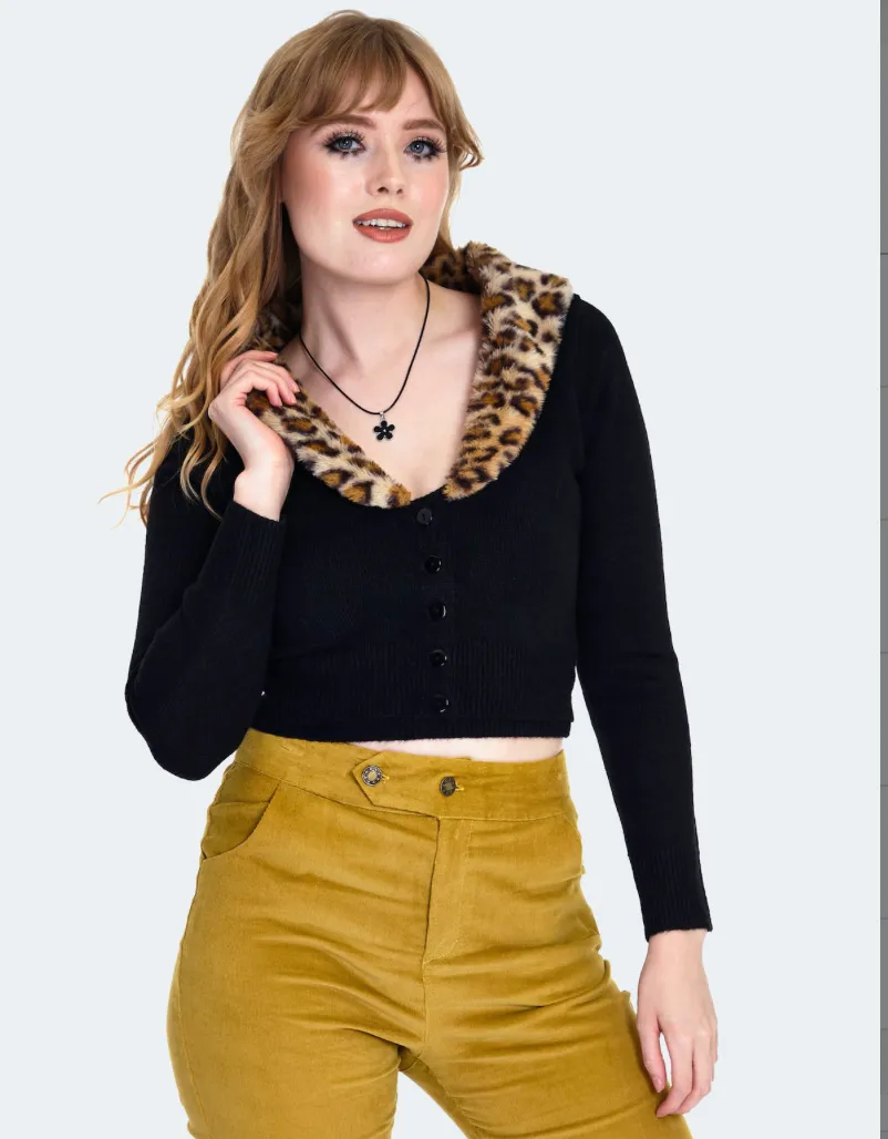 Retro Leopard Faux Fur Collar Crop Cardigan