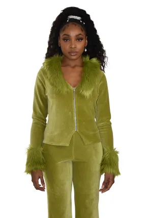 Rib Cotton Velvet Mix & Detachable Faux Fur Cardigan Olive