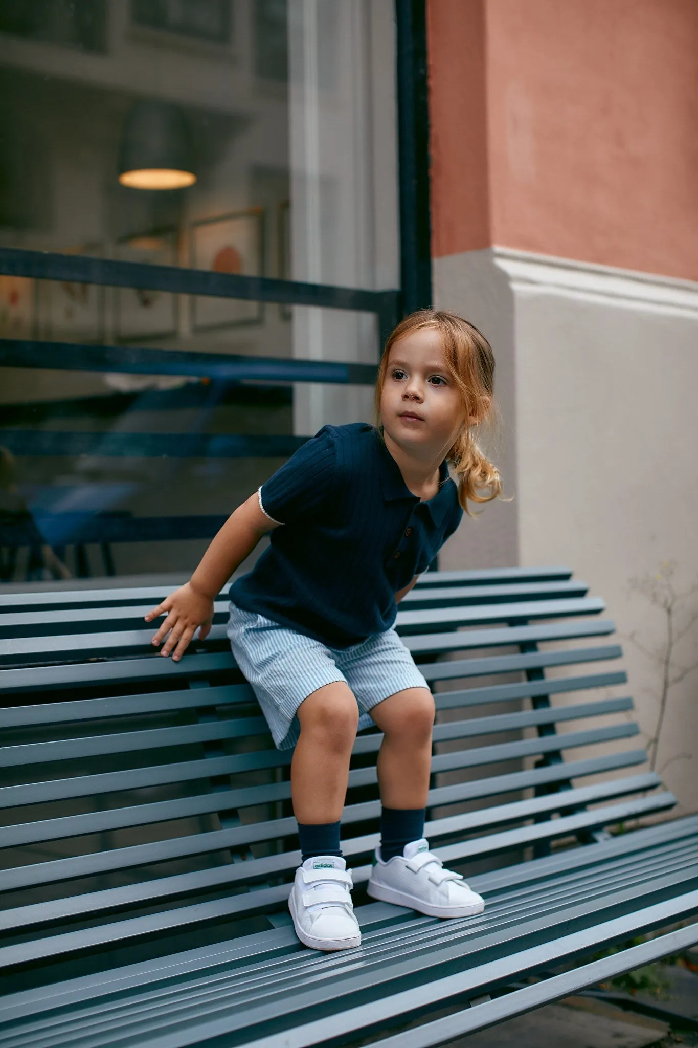 RIB KNITTED POLO - NAVY/CREAM COMB.