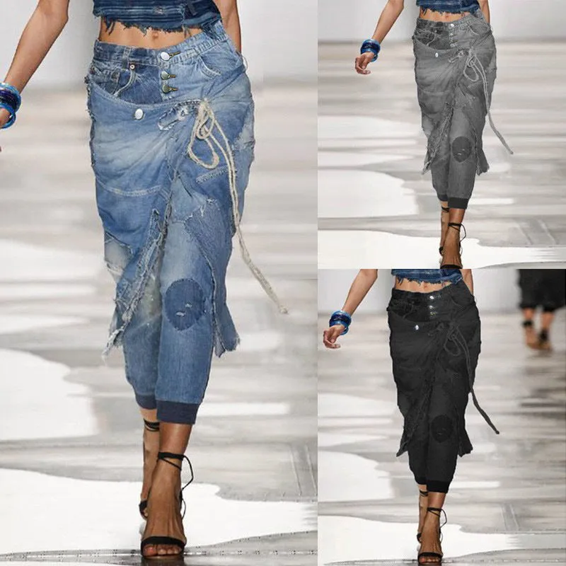 Ripped Lace-up Threaded Jeans