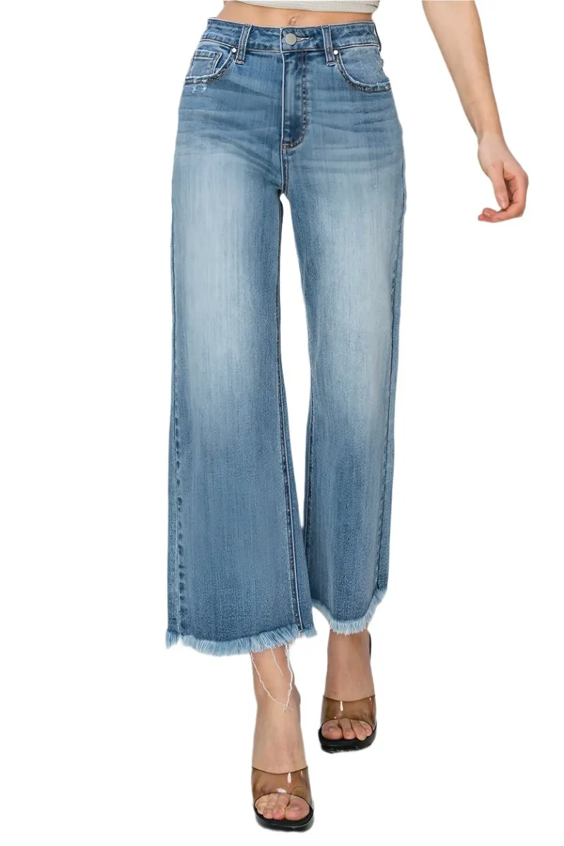 Risen Jeans - High Rise Frayed Ankle Wide Jeans - RDP1025