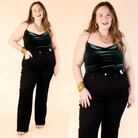 Rock Show Velvet Cowl Neck Bodysuit with Spaghetti Straps in Dark Green