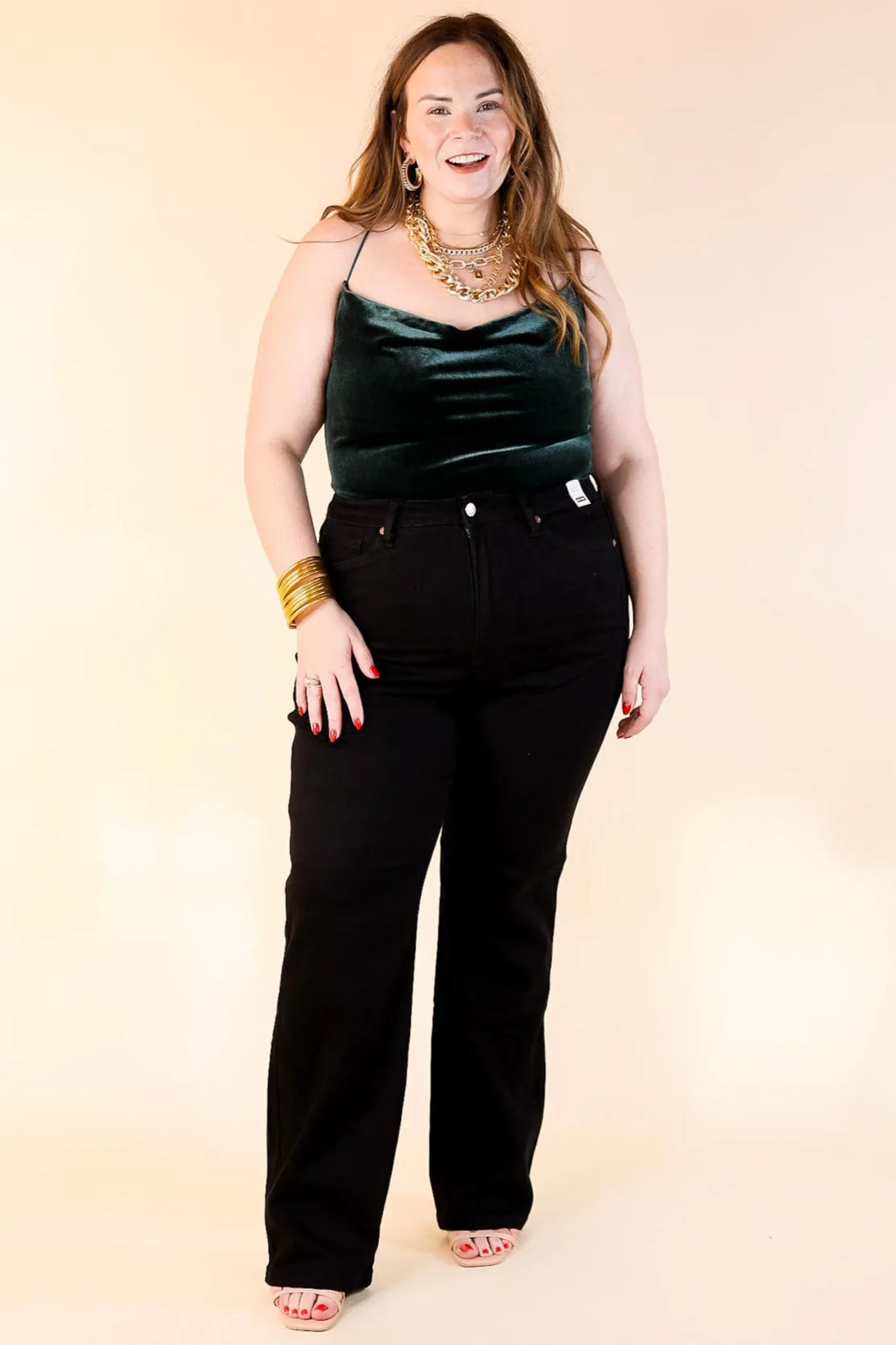 Rock Show Velvet Cowl Neck Bodysuit with Spaghetti Straps in Dark Green