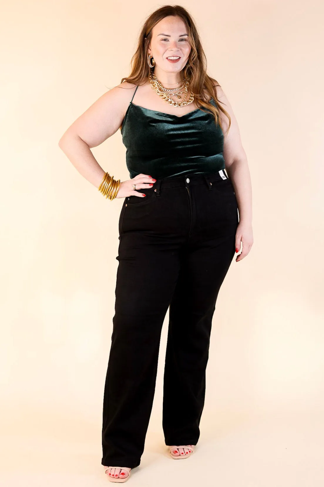 Rock Show Velvet Cowl Neck Bodysuit with Spaghetti Straps in Dark Green