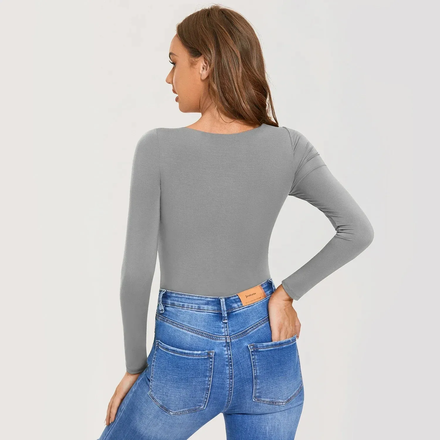 Sexy Deep V Neck Long Sleeve Bodysuit with Built in Bra