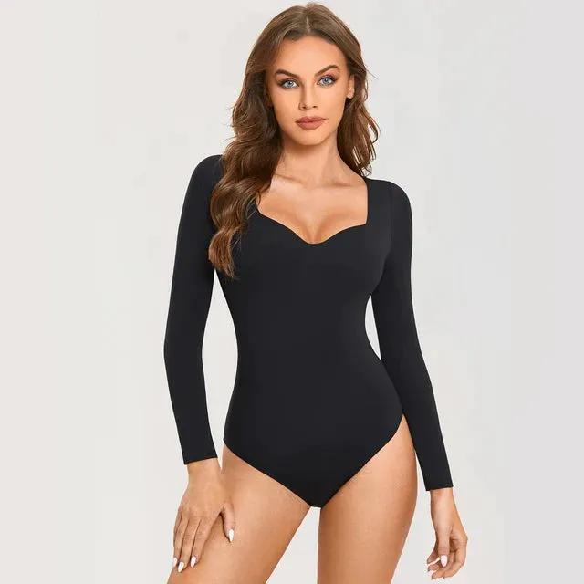 Sexy Deep V Neck Long Sleeve Bodysuit with Built in Bra