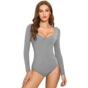 Sexy Deep V Neck Long Sleeve Bodysuit with Built in Bra