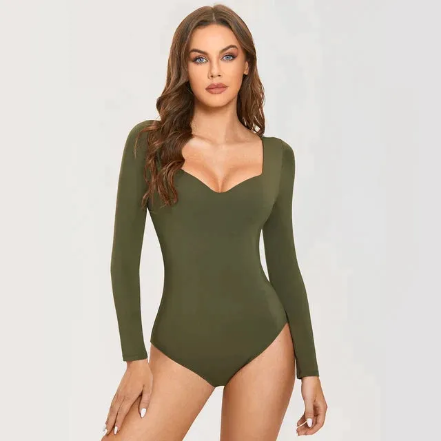 Sexy Deep V Neck Long Sleeve Bodysuit with Built in Bra