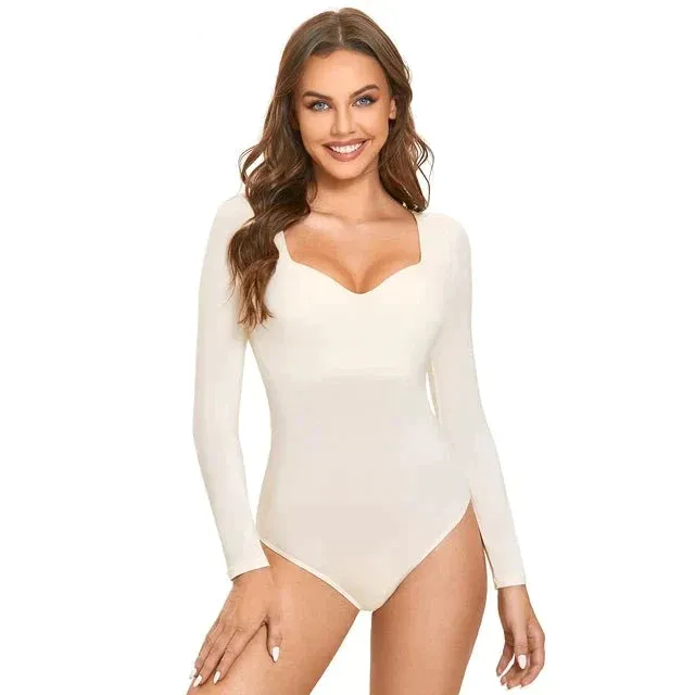 Sexy Deep V Neck Long Sleeve Bodysuit with Built in Bra