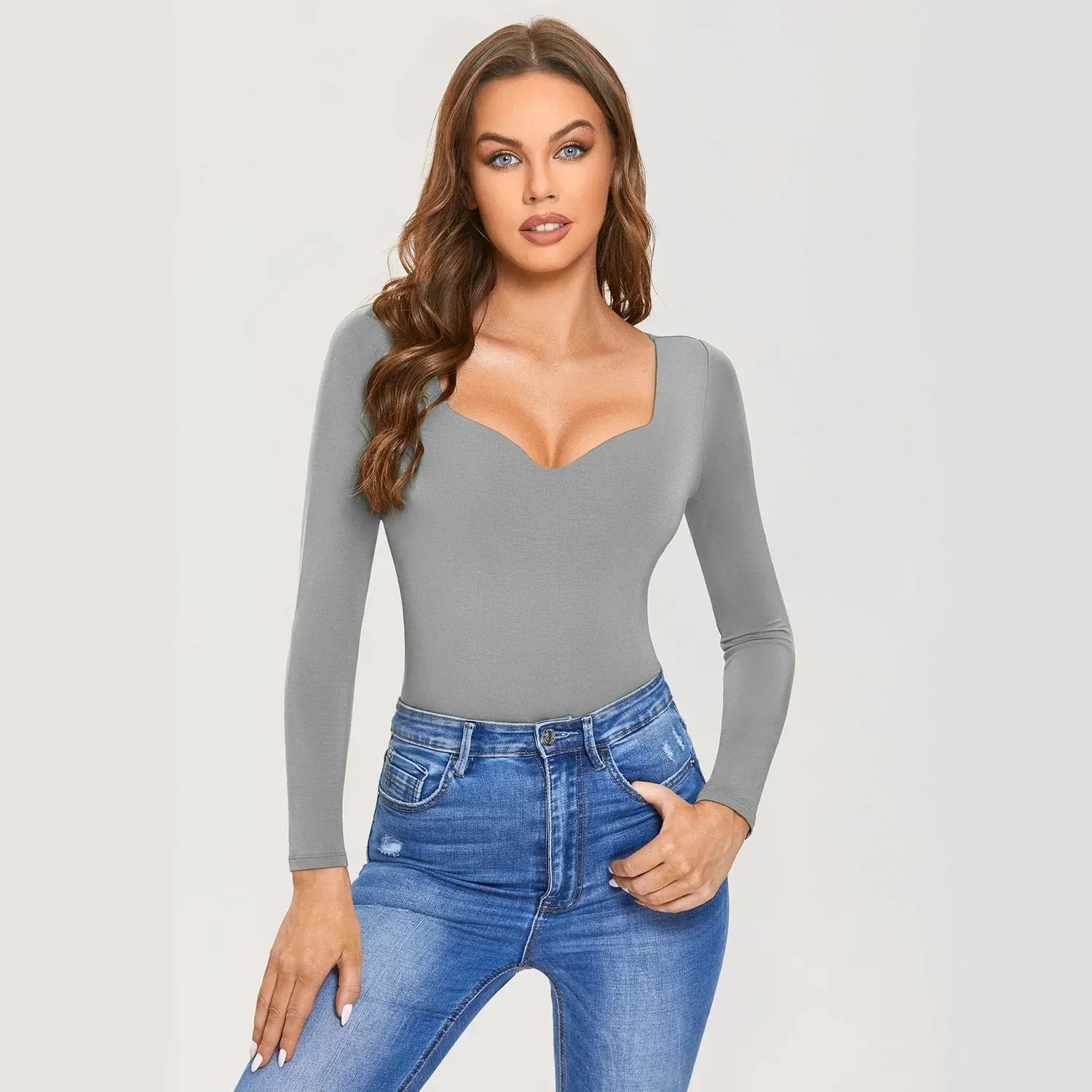 Sexy Deep V Neck Long Sleeve Bodysuit with Built in Bra