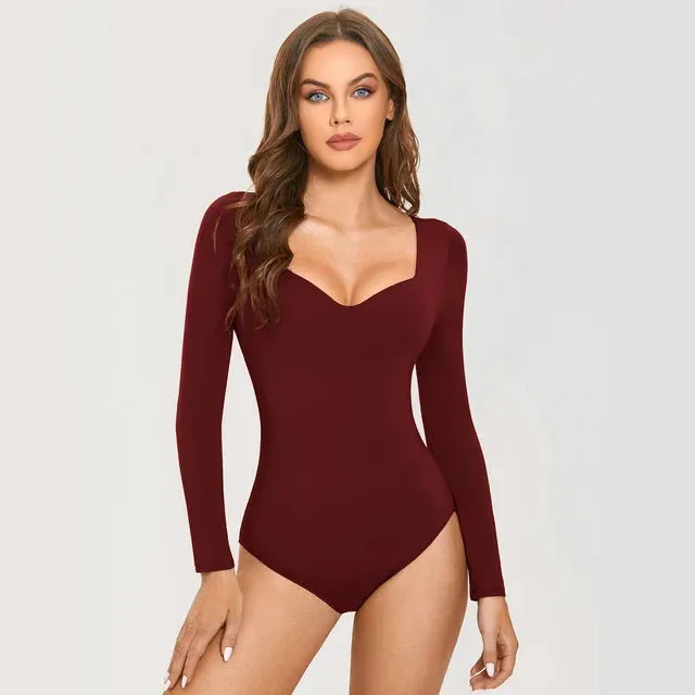 Sexy Deep V Neck Long Sleeve Bodysuit with Built in Bra