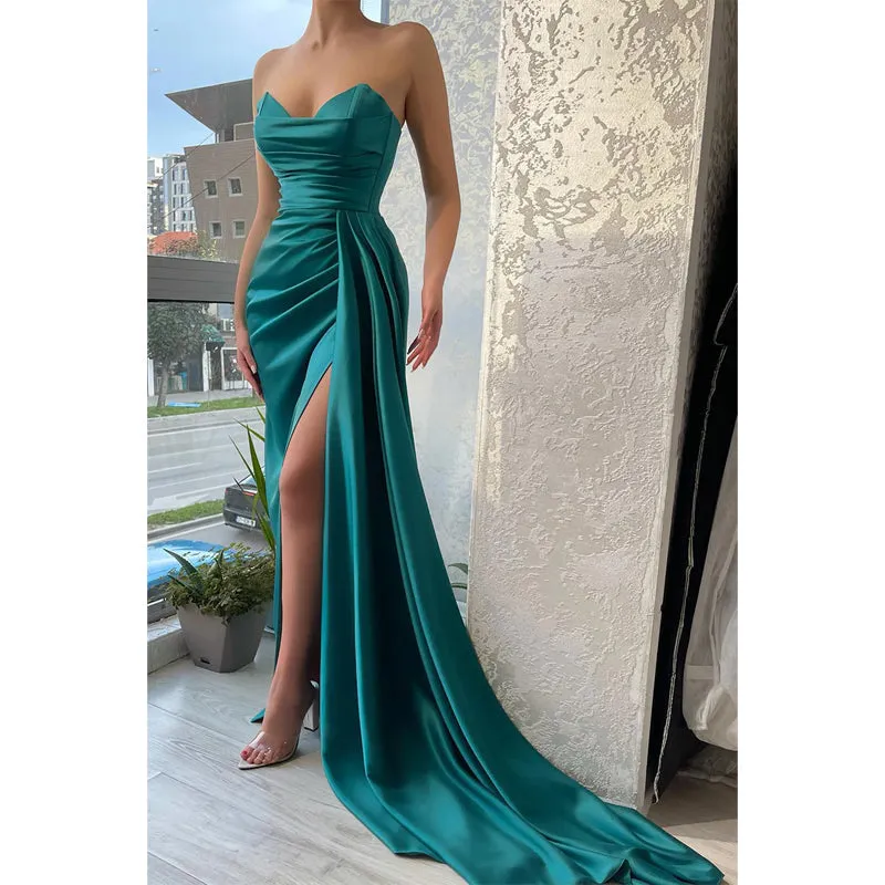 Sexy V-neck Pleats Side Slit Long Prom Formal Dress