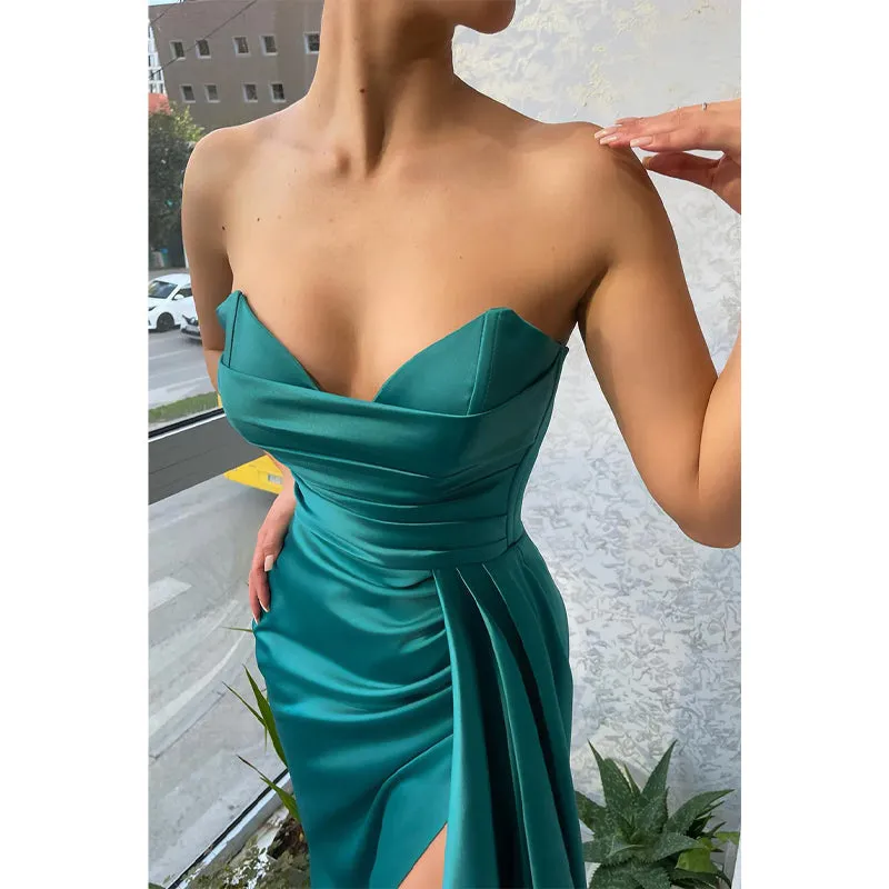 Sexy V-neck Pleats Side Slit Long Prom Formal Dress