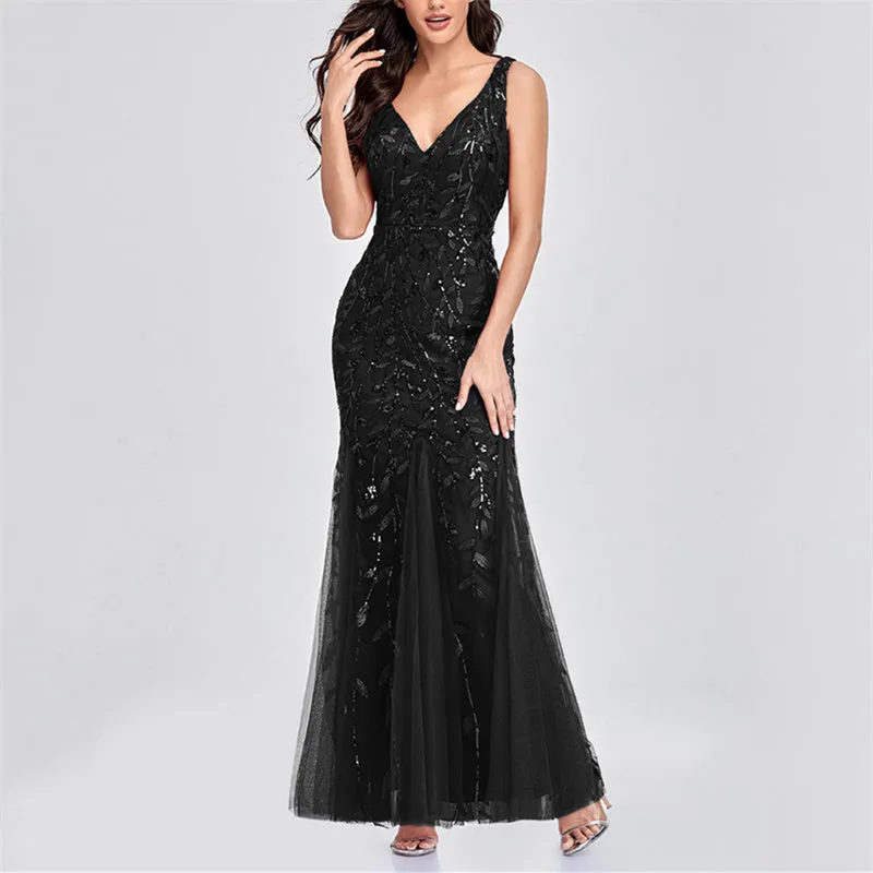 Sexy v neck sequins mesh patchwork fishtail maxi dress | Sleeveless mermaid dress bridesmaid evening gowns