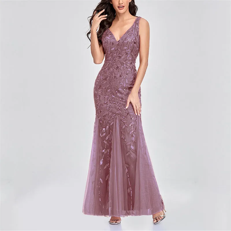 Sexy v neck sequins mesh patchwork fishtail maxi dress | Sleeveless mermaid dress bridesmaid evening gowns