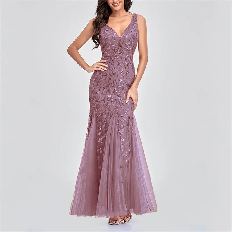 Sexy v neck sequins mesh patchwork fishtail maxi dress | Sleeveless mermaid dress bridesmaid evening gowns