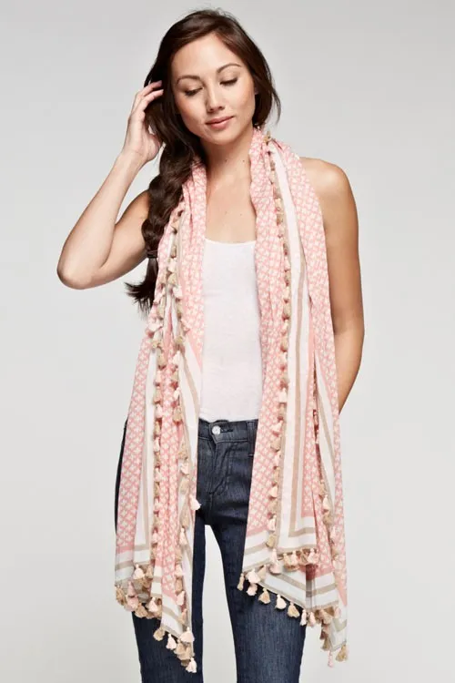 Sheer Cotton Scarf With Mini Tassel Trim