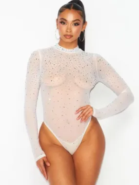 Sheer Rhinestone Mesh Bodysuit - Ivory -