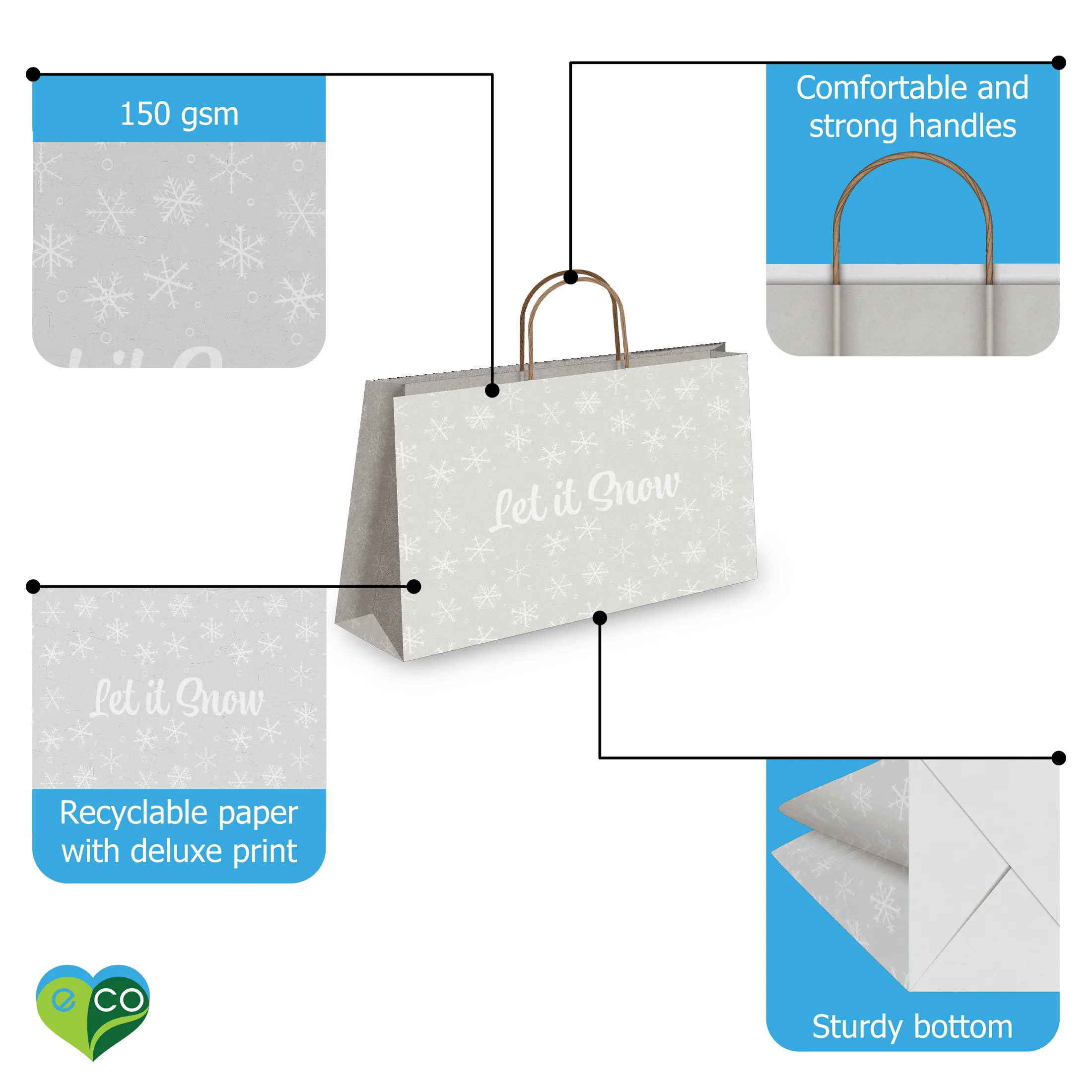 Snowflakes Kraft Gift Bags Mixed Size Set