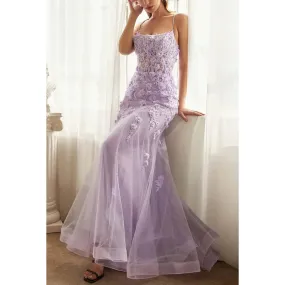 Spaghetti Straps Floral Appliqued Sheer Tulle Mermaid Long Prom Evening Dress