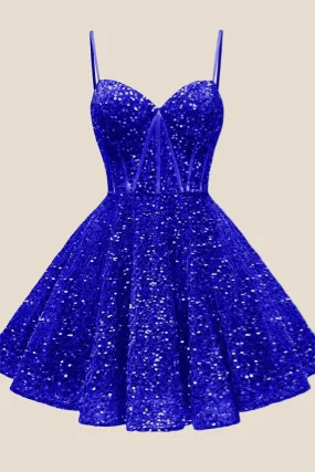 Spaghetti Straps Royal Blue Sequin Short Dress