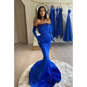 Strapless Sleeveless Sequined Beaded Satin Mermaid Long Evening Prom Dress