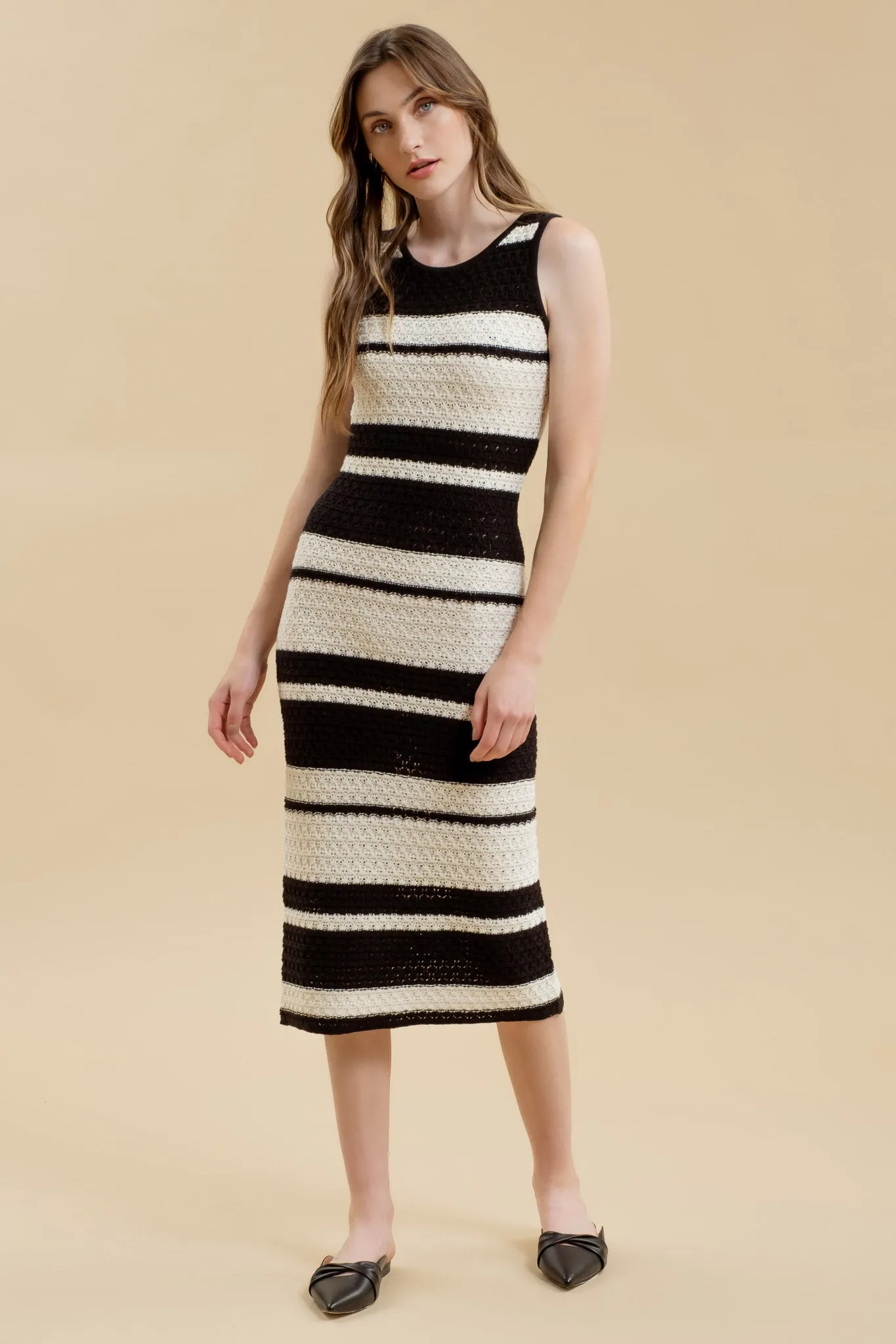 STRIPE SLEEVELESS CROCHET KNIT MIDI DRESS