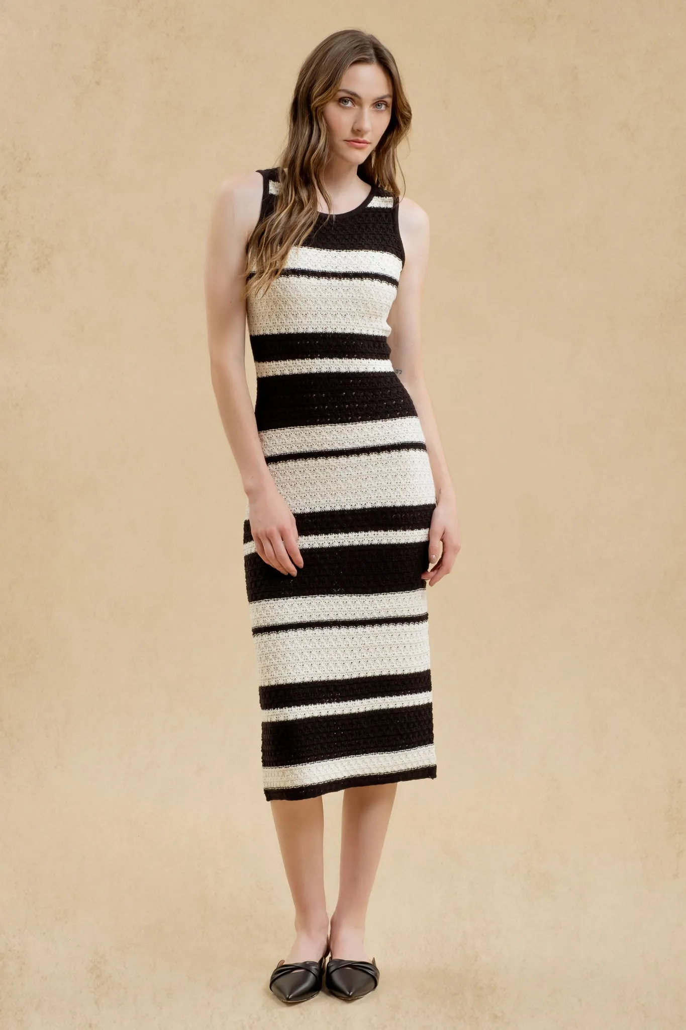 STRIPE SLEEVELESS CROCHET KNIT MIDI DRESS