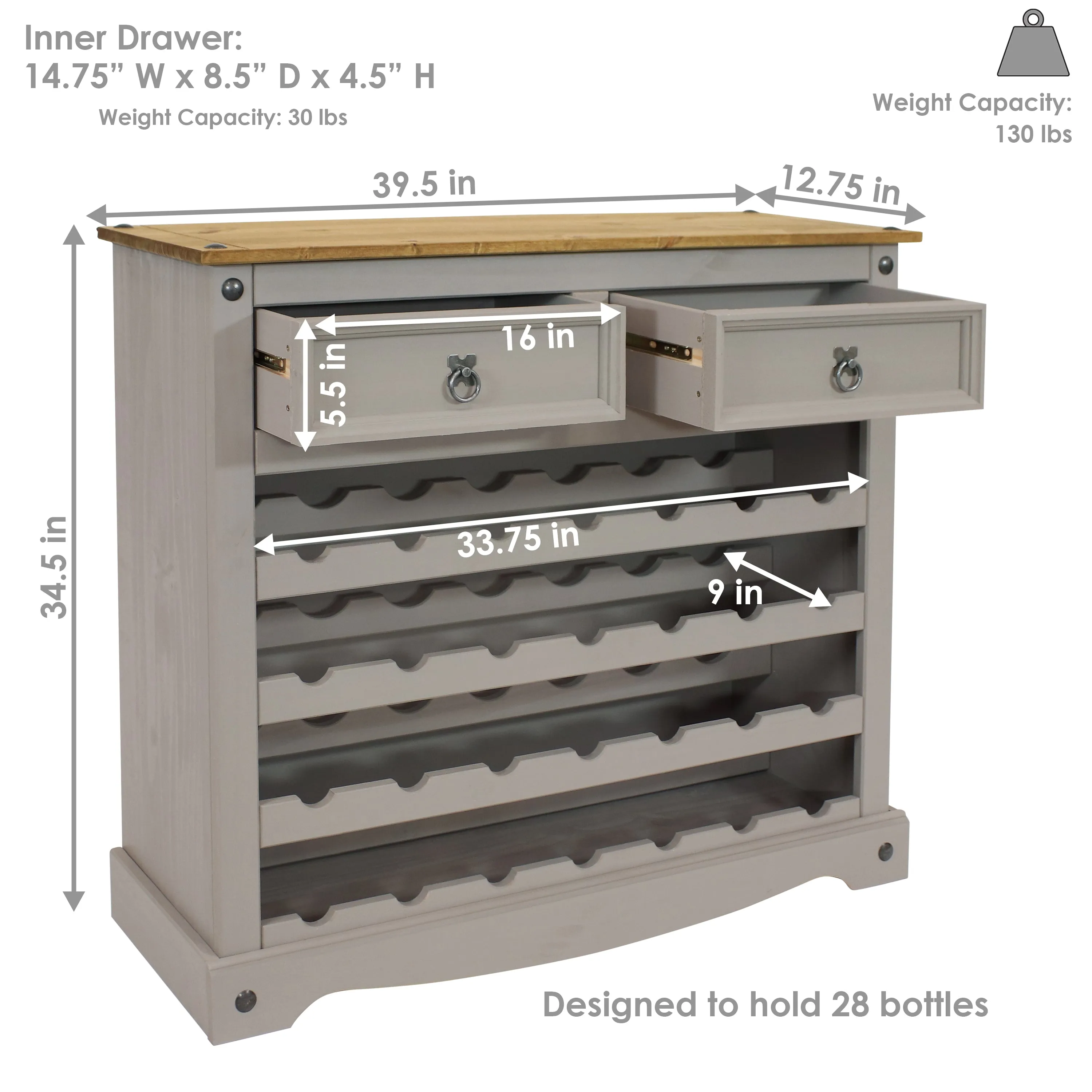 Sunnydaze 28-Bottle Solid Pine Freestanding Wine Rack Table - Gray - 34.5"