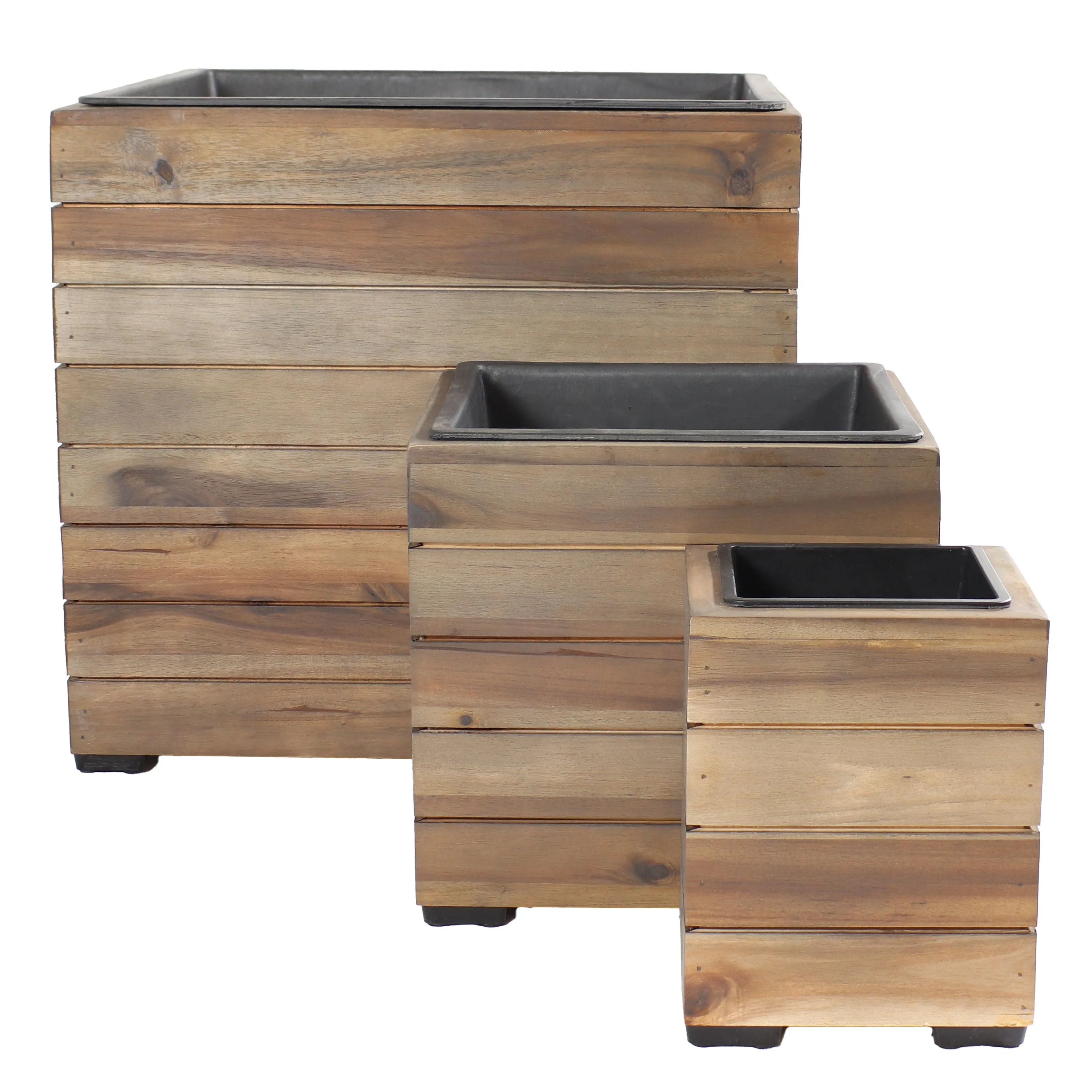 Sunnydaze 3-Piece Square Wooden Planter Boxes with Plastic Liners