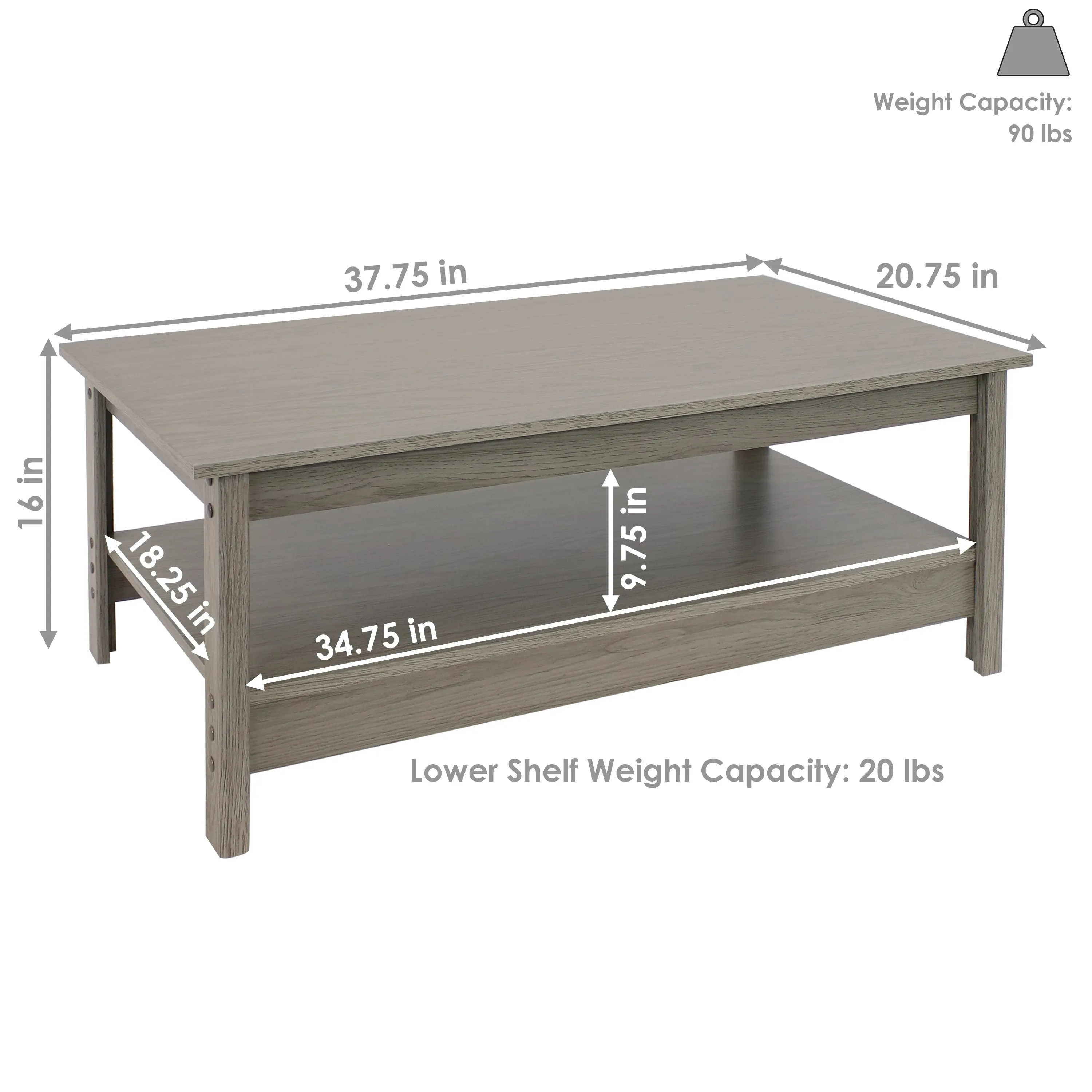 Sunnydaze Classic Coffee Table with Lower Shelf - Thunder Gray - 16" H