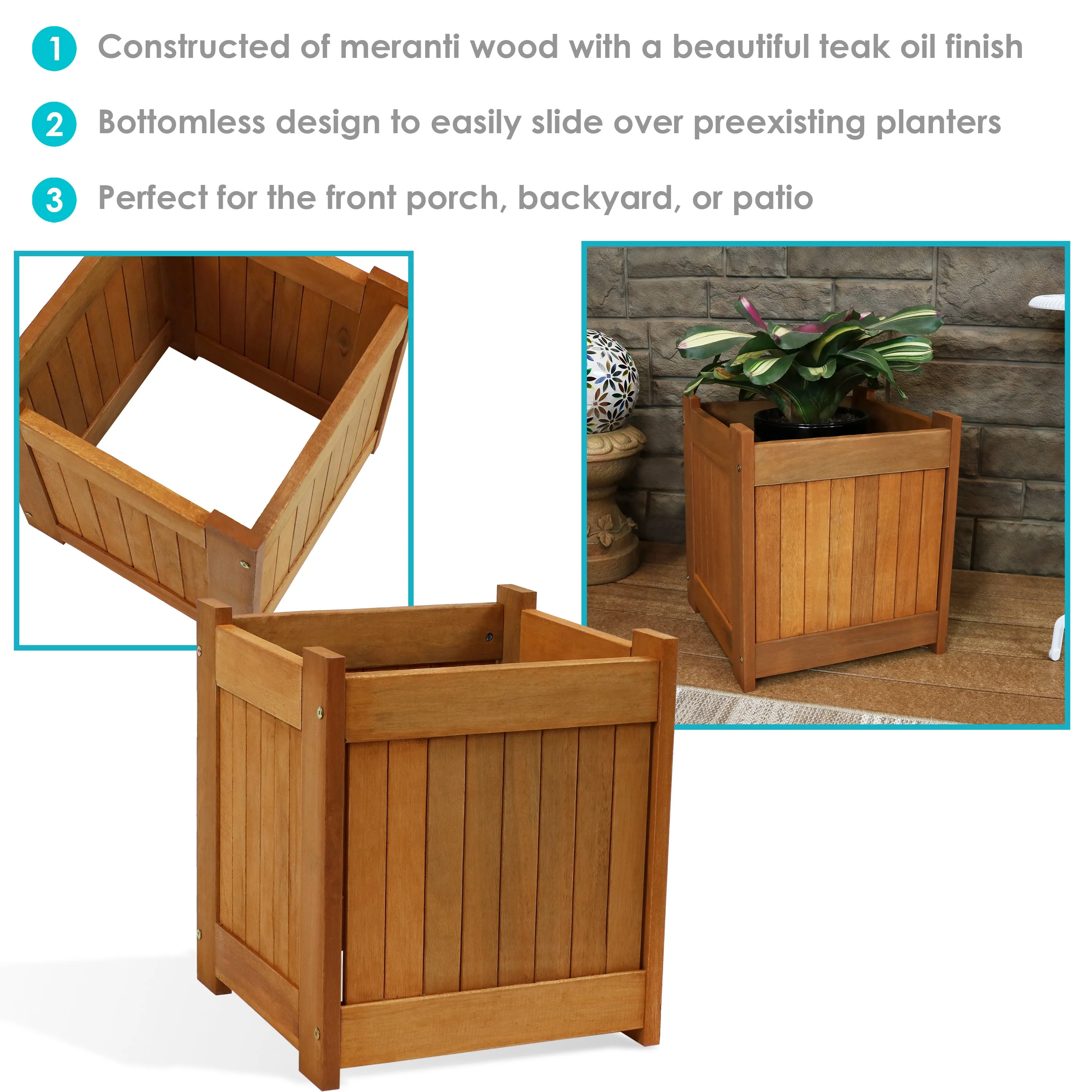 Sunnydaze Meranti Outdoor Square Wooden Planter Box - 16"