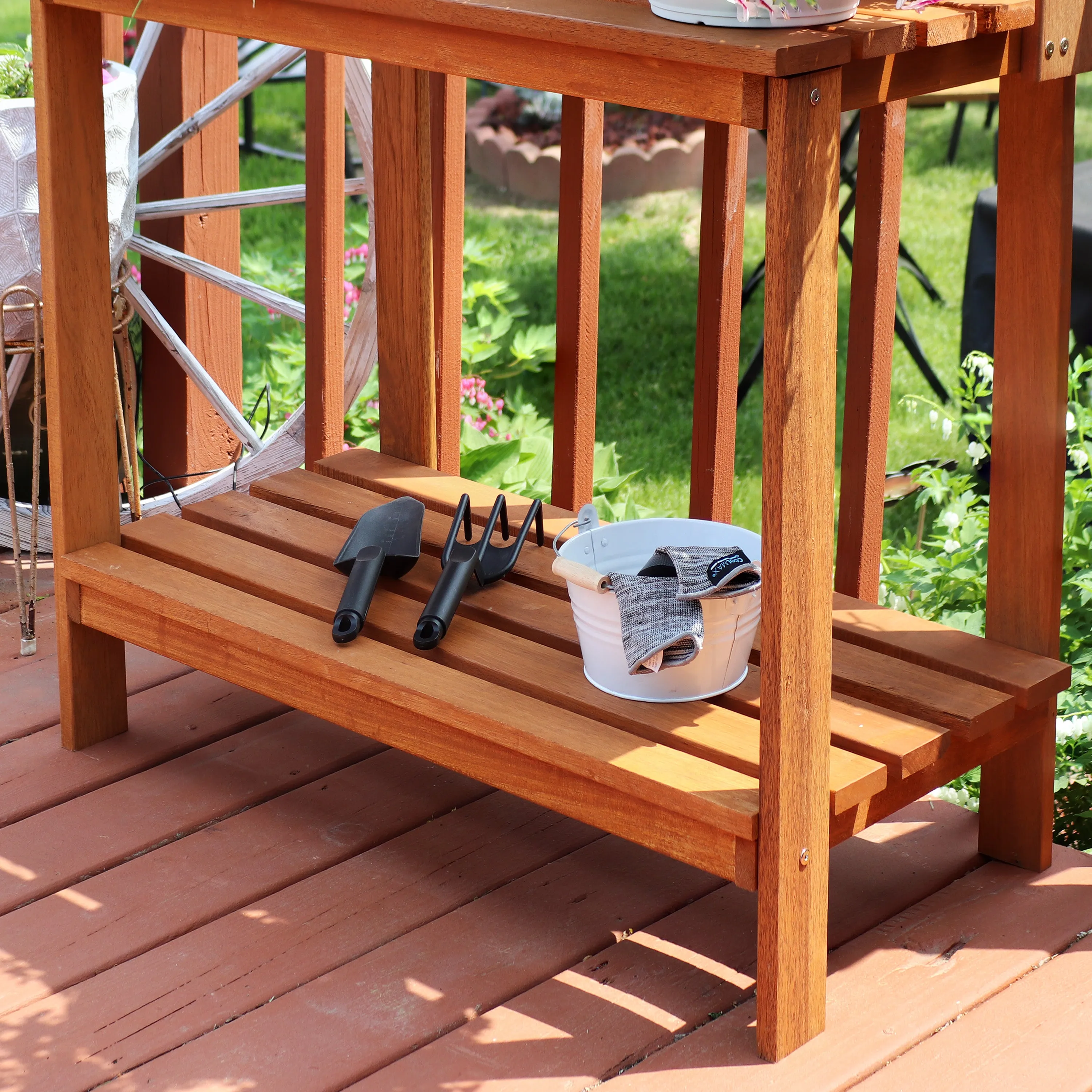 Sunnydaze Meranti Wood Outdoor Potting Bench with Teak Oil Finish - 42"