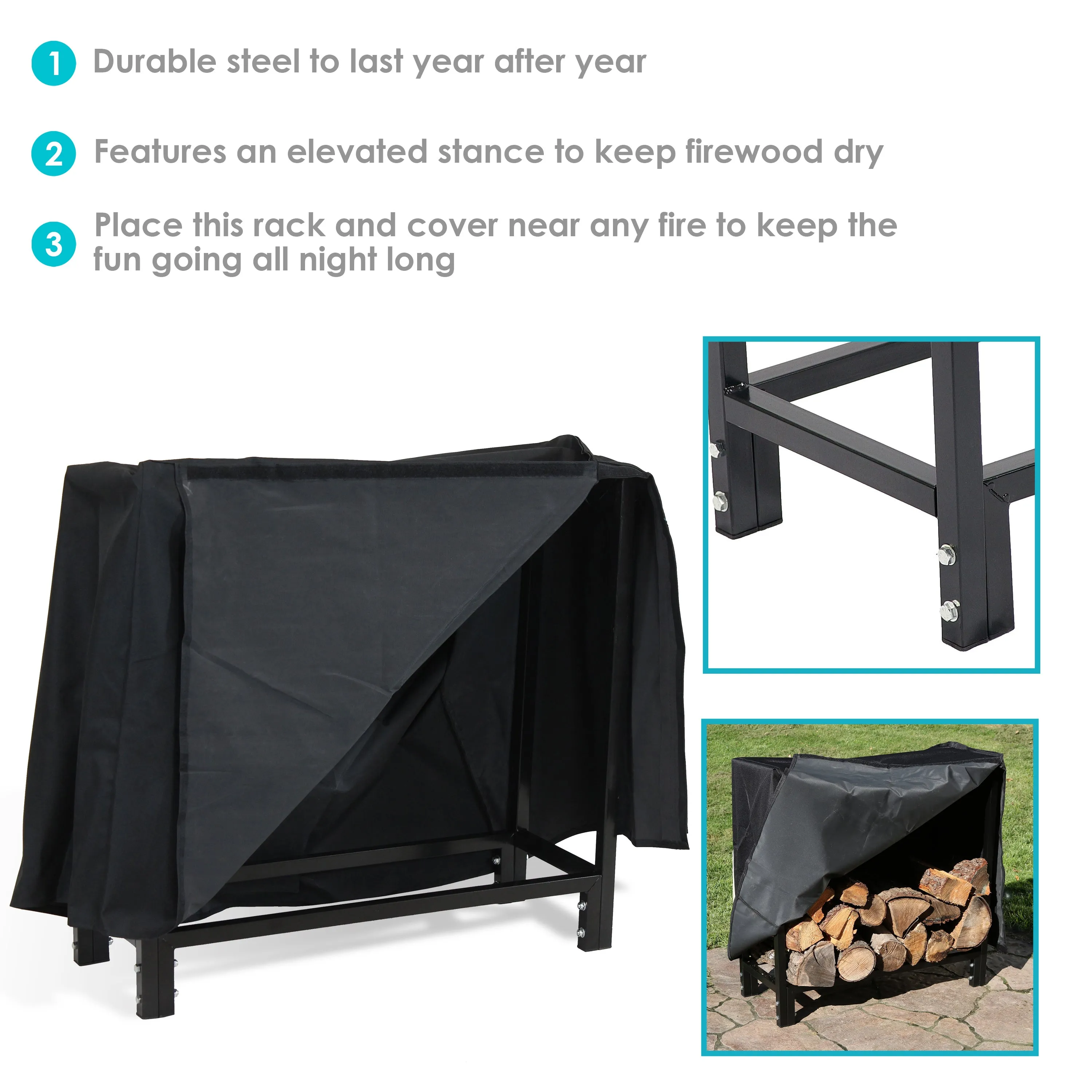 Sunnydaze Steel Firewood Log Rack with Cover - Black - 30"