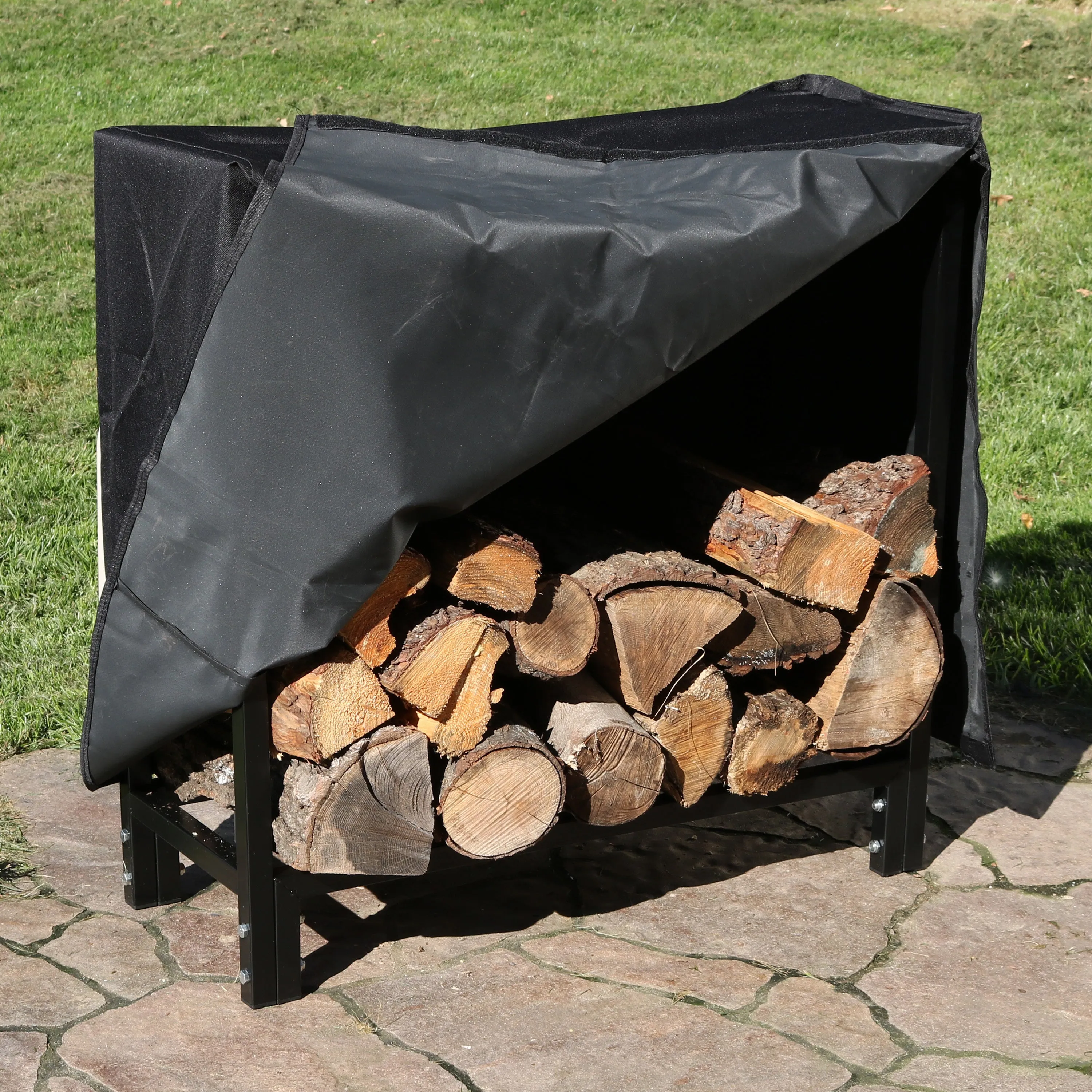 Sunnydaze Steel Firewood Log Rack with Cover - Black - 30"