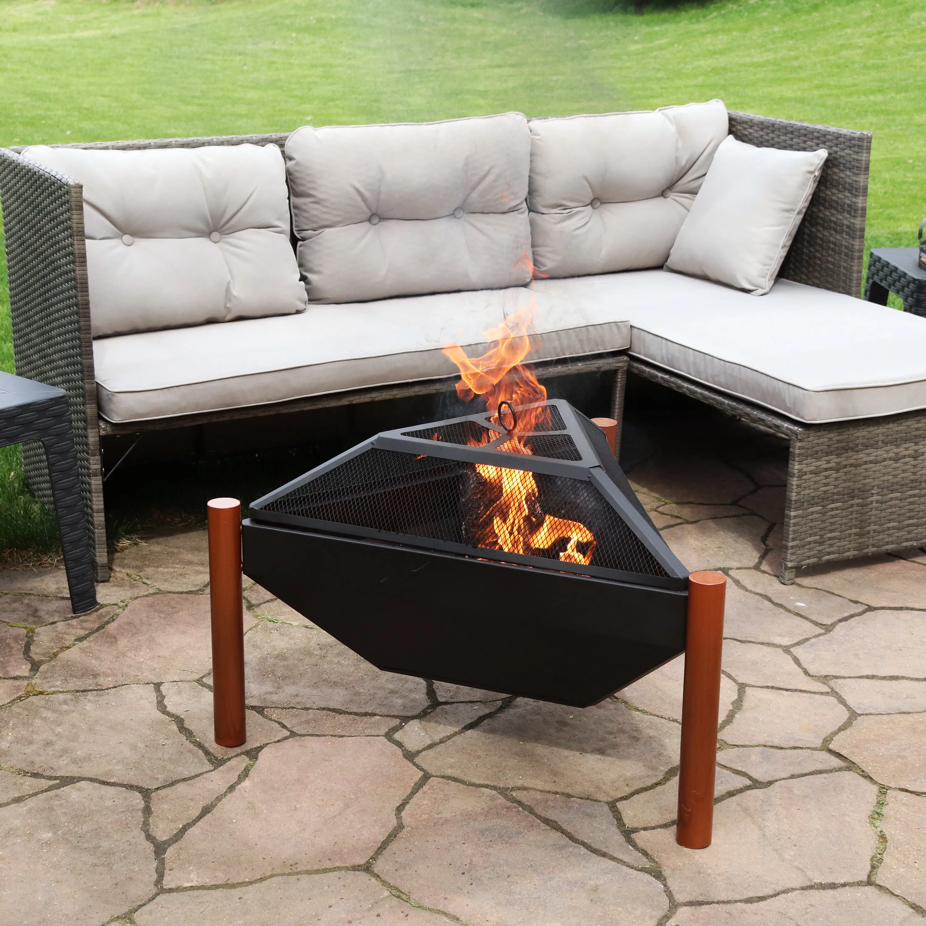 Sunnydaze Steel Outdoor Triangle Fire Pit and Side Table - 31"