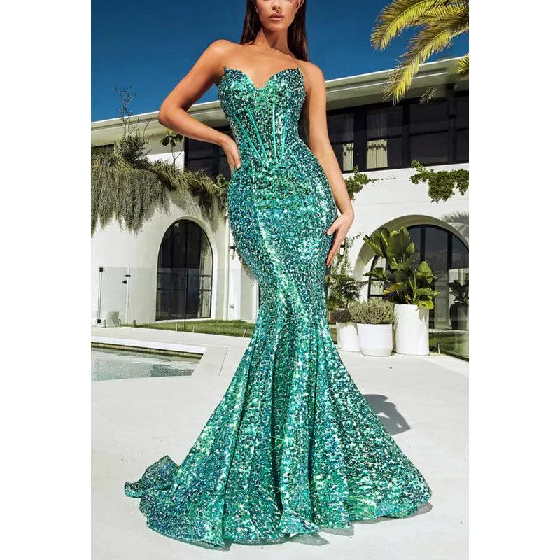 Sweetheart Strapless Sequined Mermaid Long Prom Evening Party Dress