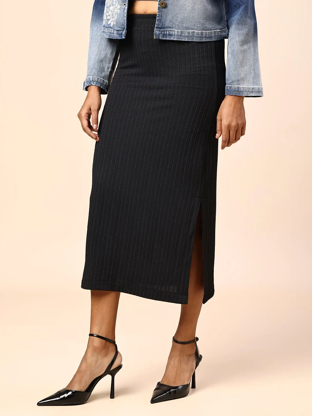 TEXTURED KNIT SIDE SLIT PENCIL SKIRT