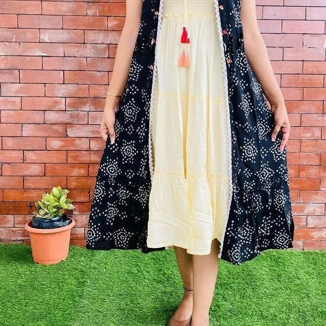 Tiered Rayon Cotton Frock with Smocked Yoke & Embroidered Shrug