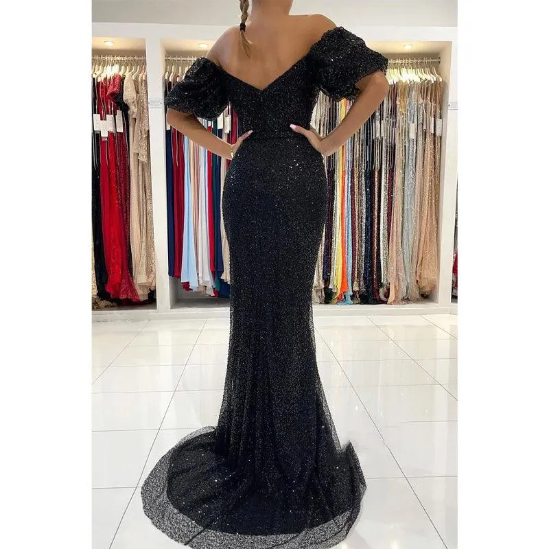 Unique Off The Shoulder Short Sleeves High Split Mermaid Prom Dress Glitter