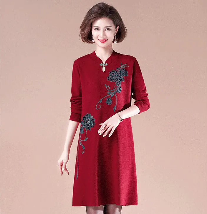 V Neck Long Sleeve Knee Length Floral A-line Knit Dress