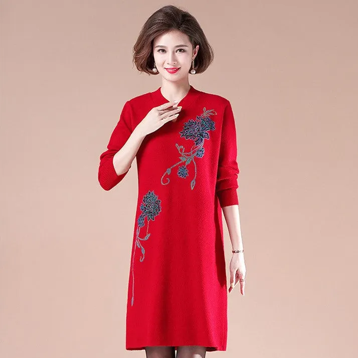 V Neck Long Sleeve Knee Length Floral A-line Knit Dress