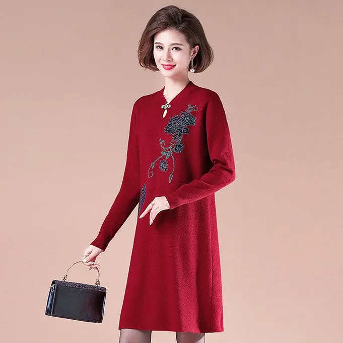 V Neck Long Sleeve Knee Length Floral A-line Knit Dress