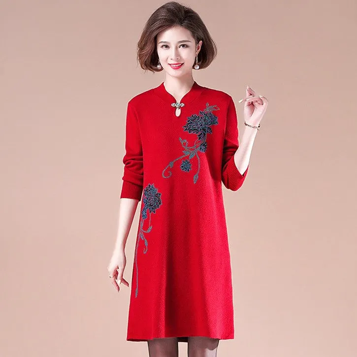 V Neck Long Sleeve Knee Length Floral A-line Knit Dress