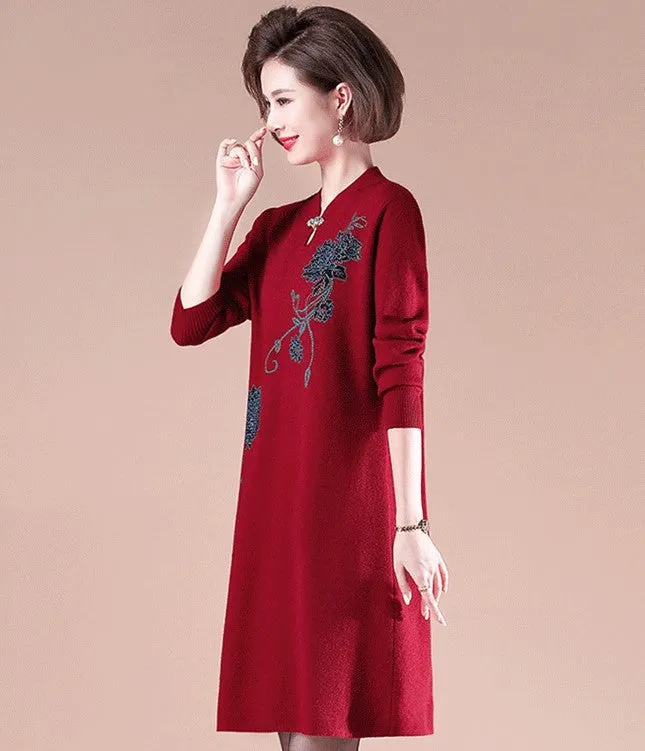 V Neck Long Sleeve Knee Length Floral A-line Knit Dress