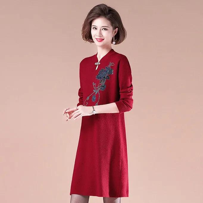 V Neck Long Sleeve Knee Length Floral A-line Knit Dress