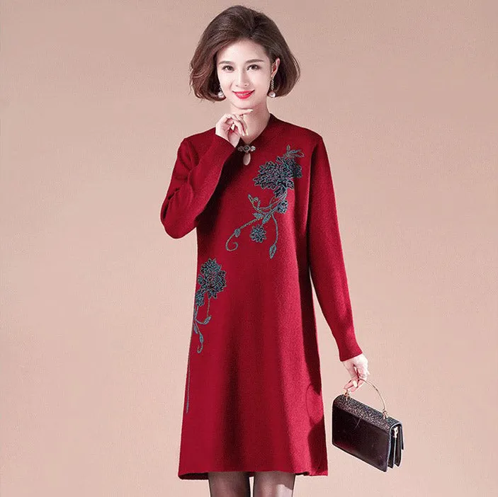 V Neck Long Sleeve Knee Length Floral A-line Knit Dress